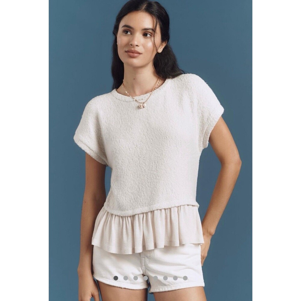 NWT Anthropologie Pilcro Short Sleeve Sweater Twofer Top Textured Beige XL